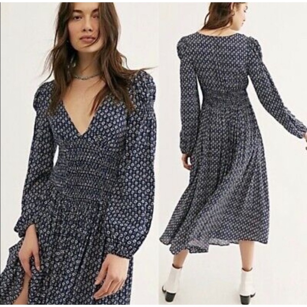 Free People Indigo Child Floral Smocked V Neck Long Sleeve Midi Dress - Small
